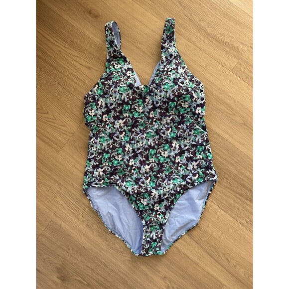 ATHLETA Women's XL Seychelles One Piece Swimsuit Floral Blue Green V Neck NWOT - Picture 1 of 7